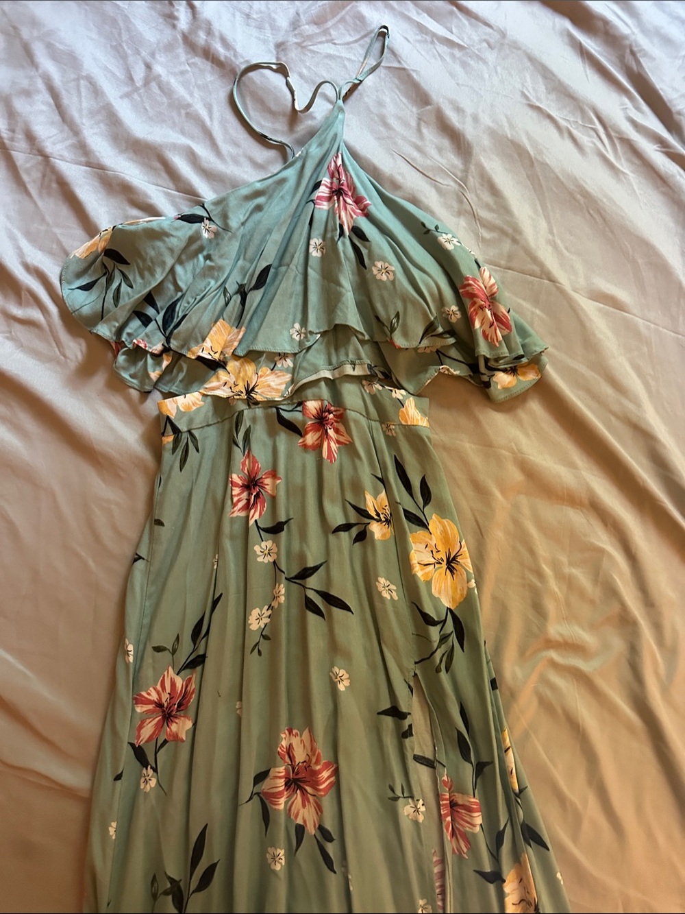 Blue Floral Halter Maxi Dress with Ruffle Overlay